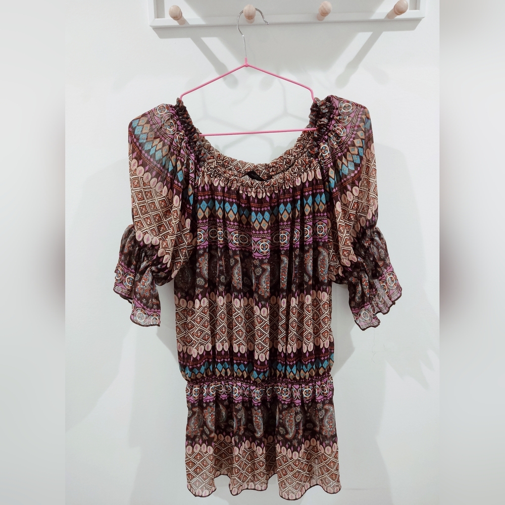 Brown and Pink Smocked Ruffled Blouse